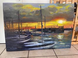 Peinture à l’Huile « Coucher de Soleil dans un Port »